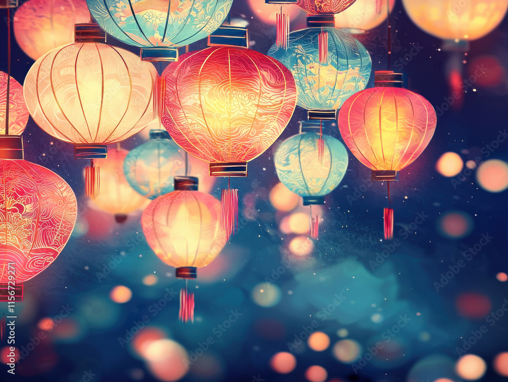 Colorful lanterns in bold crimson and deep blue illuminate night sky Colorful lanterns in bold crimson and deep blue illuminate night sky
