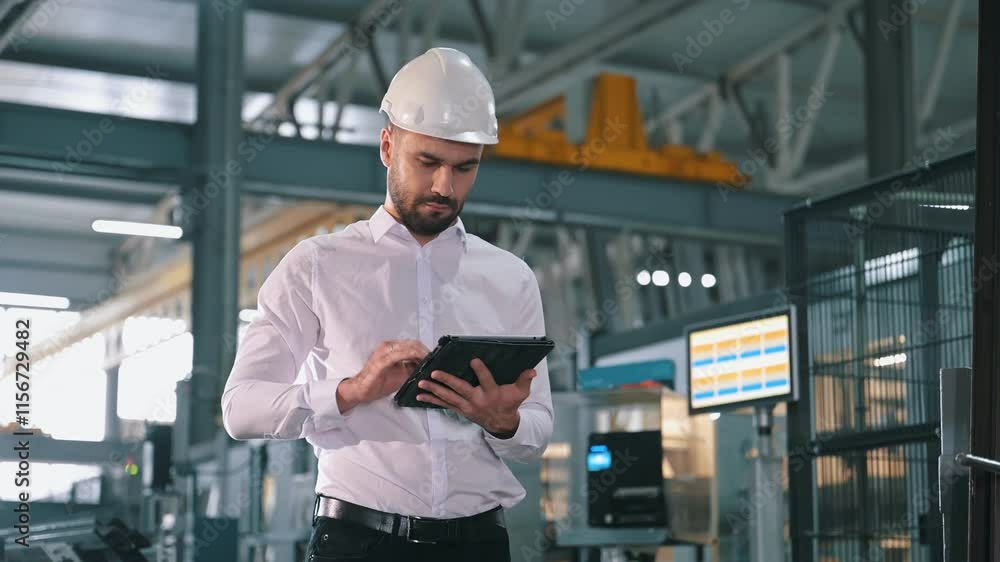 Front view, standing. Man is working in the modern factory. Front view, standing. Man is working in the modern factory.