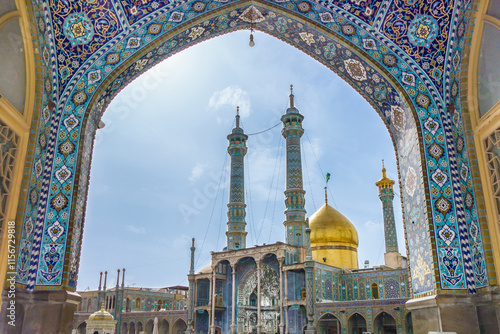 View of the Fatima Masumeh shrine through an arch decorated with Persian ornaments, Qom, Iran