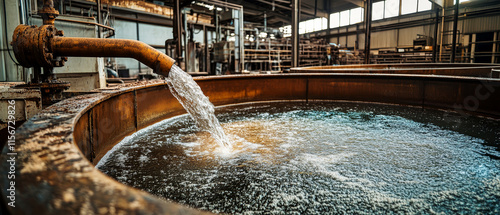 Flowing water fills a large round tank in an industrial metalworking facility showcasing rustic charm photo