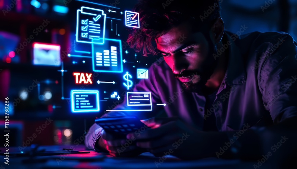 Naklejka premium Concentrated young Hispanic man analyzing financial data with calculator and digital overlay.