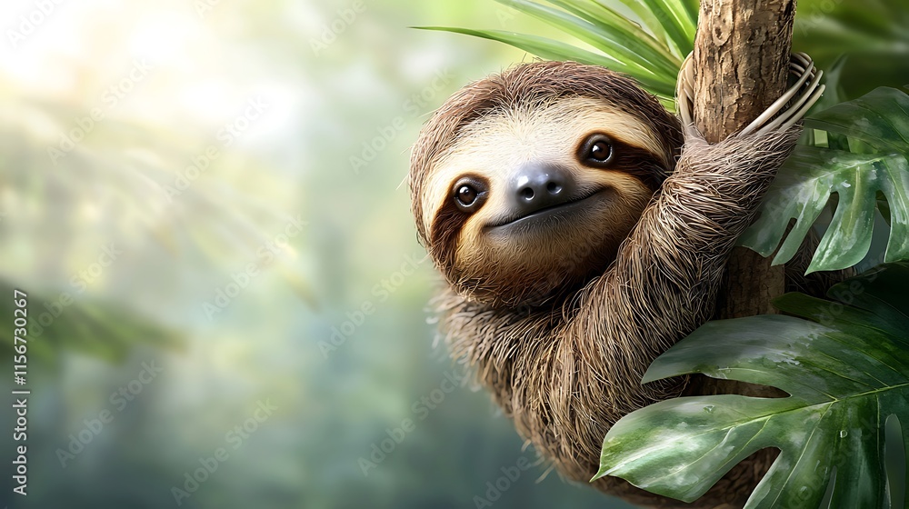 Fototapeta premium Watercolor animal sloth climbing tree in lush jungle nature illustration tranquil environment