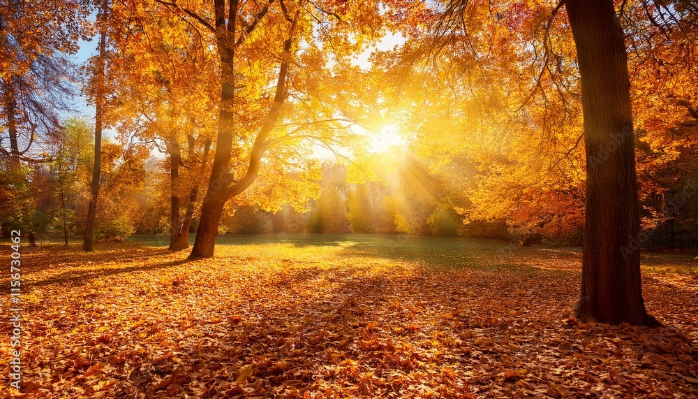 Fototapeta premium Autumn forest background. Vibrant color tree, red orange foliage in fall park. Nature change Yellow leaves in october season Sun up in blue heart shape sky Sunny day weather, bright light banner frame