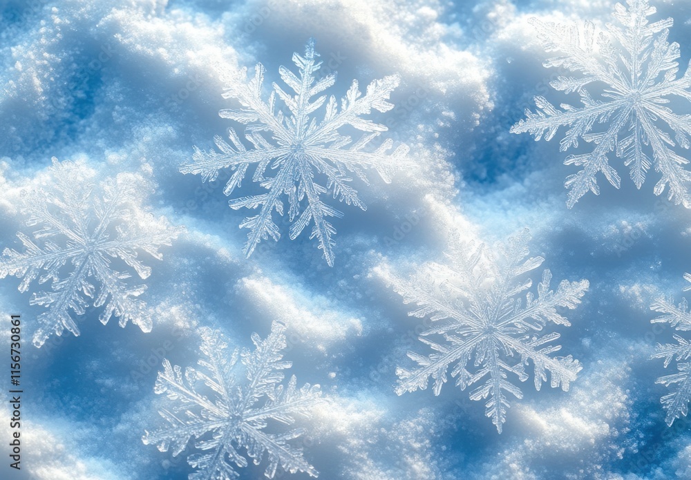 Beautiful Ice Crystal Snowflakes Floating on Soft Blue Snowy Background, Creating a Winter Wonderland Scene of Tranquility and Elegance, Perfect for Seasonal Projects