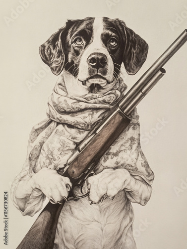 Portrait style artistic illustration dog holding vintage shotgun detailed oil painting pencil sketch unique expressions dark rustic storytelling friend moody wallpaper wall art poster pet veterinary
