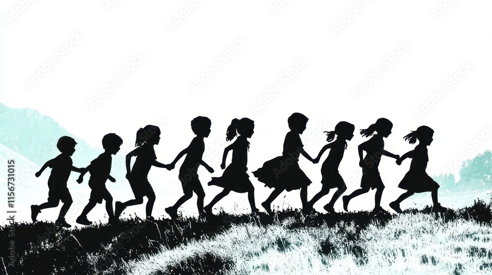 Obraz premium A silhouette of a small group of children playing tag in an open field, their movements dynamic and framed by faint rolling hills and a soft sunset gradient, symbolizing joy and freedom. 