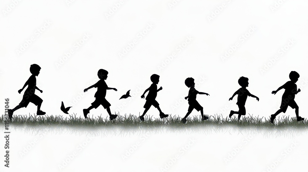 Obraz premium A silhouette of a small group of children playing tag in an open field, their movements dynamic and framed by faint rolling hills and a soft sunset gradient, symbolizing joy and freedom. 