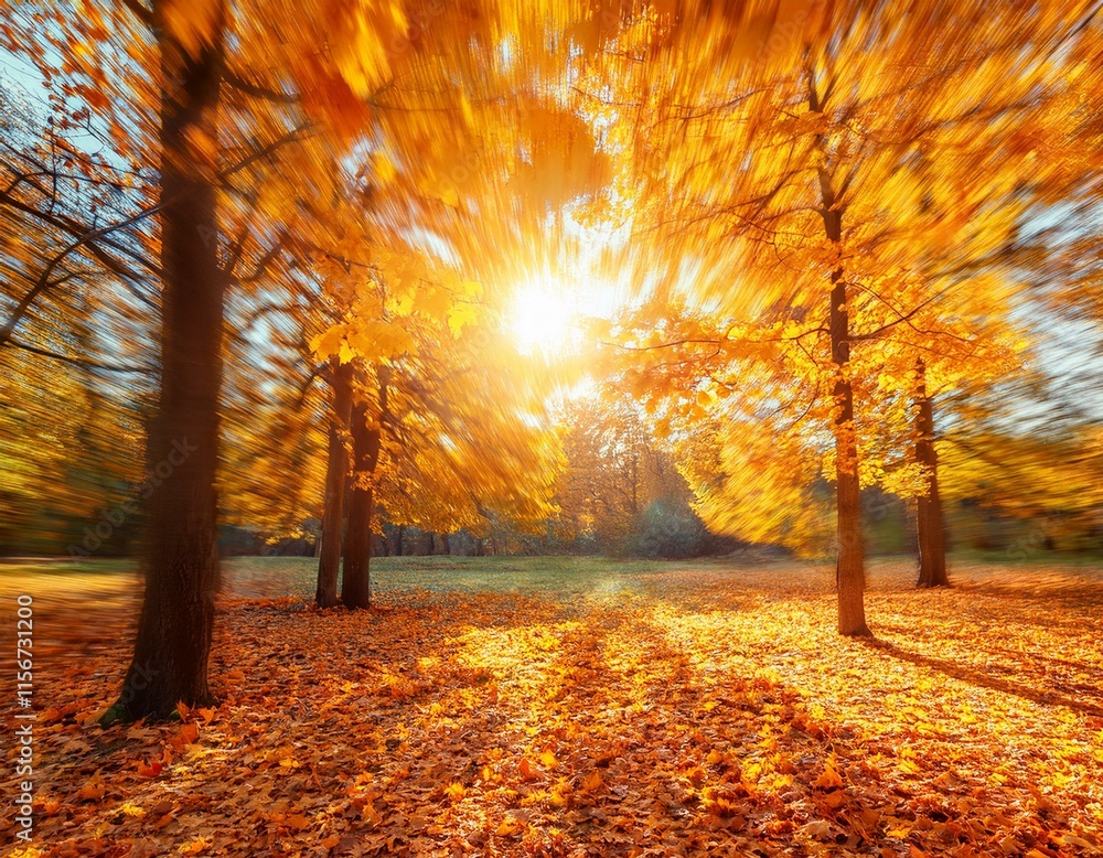 Fototapeta premium Autumn forest background. Vibrant color tree, red orange foliage in fall park. Nature change Yellow leaves in october season Sun up in blue heart shape sky Sunny day weather, bright light banner frame