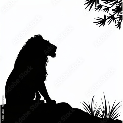 A striking silhouette of a lion sitting regally on a rocky ledge, framed by faint patterns of foliage and warm golden gradients, emphasizing its strength and majesty.  photo