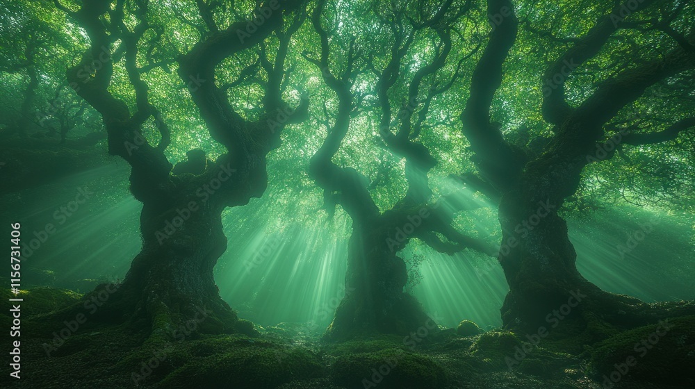 Obraz premium Enchanted forest with sun rays illuminating twisted trees and lush greenery.