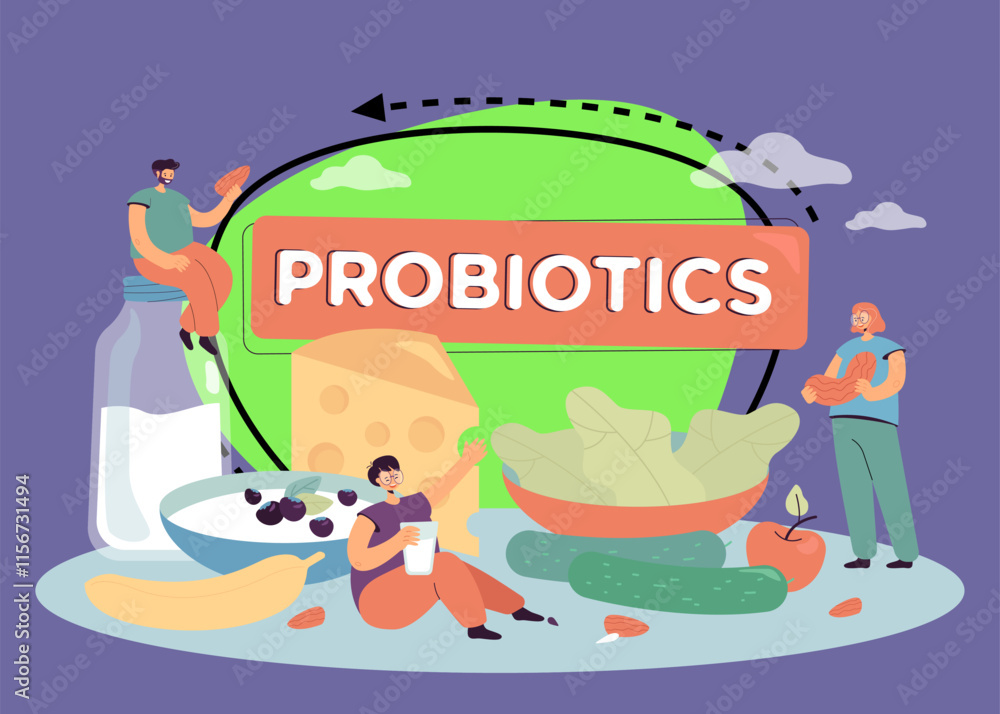 Fototapeta premium Tiny people on probiotic diet vector illustration. Woman drinking yogurt useful for gut, man with seed and lady with nut eating organic food: vegetables and fruits. Diet and health concept