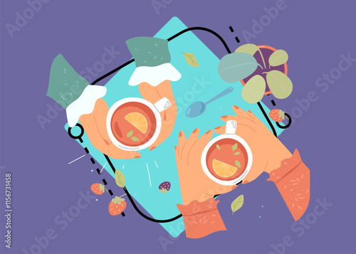 Top view of table in cafe or cafeteria with hands holding cups of herbal tea. People having morning drink with lemon flat vector illustration. Healthy lifestyle, friendship, friendly support concept