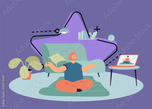 Woman having online yoga class. Female character watching live video via laptop and doing exercises at home flat vector illustration. Health, education, modern technology, leisure activity concept