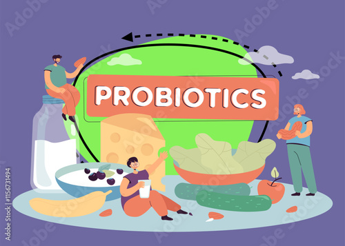 Tiny people on probiotic diet vector illustration. Woman drinking yogurt useful for gut, man with seed and lady with nut eating organic food:  vegetables and fruits. Diet and health concept