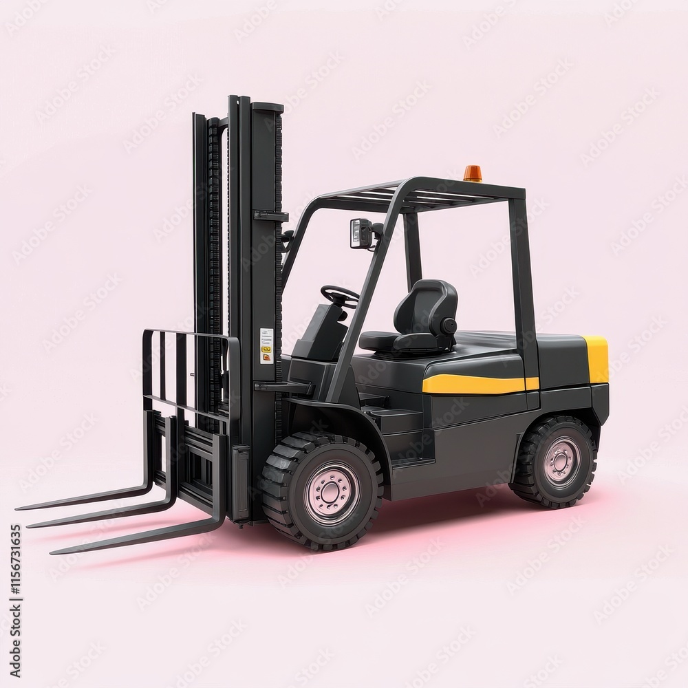 A black and yellow forklift with an upright mast against a soft pink background, showcasing industrial design and functionality. A black and yellow forklift with an upright mast against a soft pink background, showcasing industrial design and functionality.