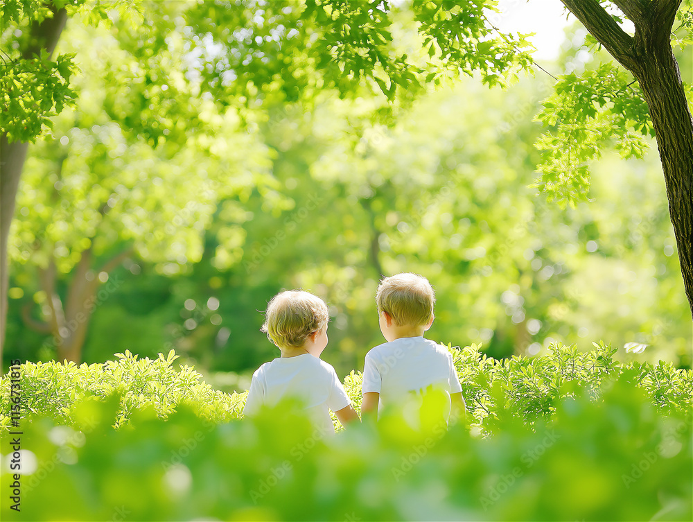 Two children sitting on a grassy field under the shade of trees on a sunny day. The image conveys innocence, friendship, and the beauty of nature. Two children sitting on a grassy field under the shade of trees on a sunny day. The image conveys innocence, friendship, and the beauty of nature.