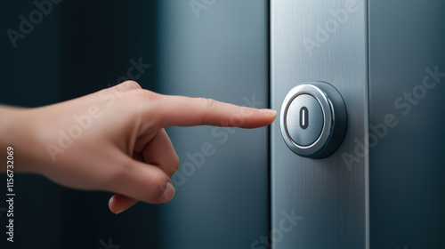 Close-up of finger pressing elevator button with sleek metallic design photo