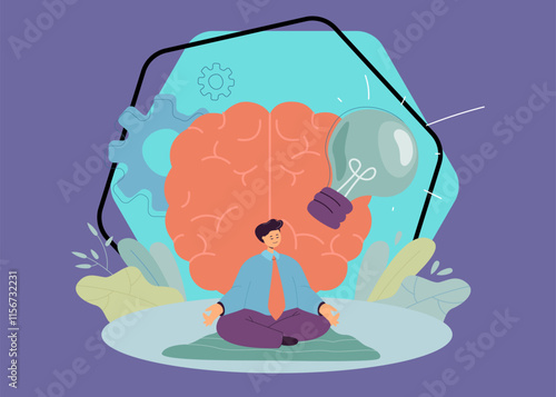 Worker doing yoga exercise on brain with light bulb background. Happy man training intelligence for healthy mind and body flat vector illustration. Harmony, mental power, spiritual lifestyle concept