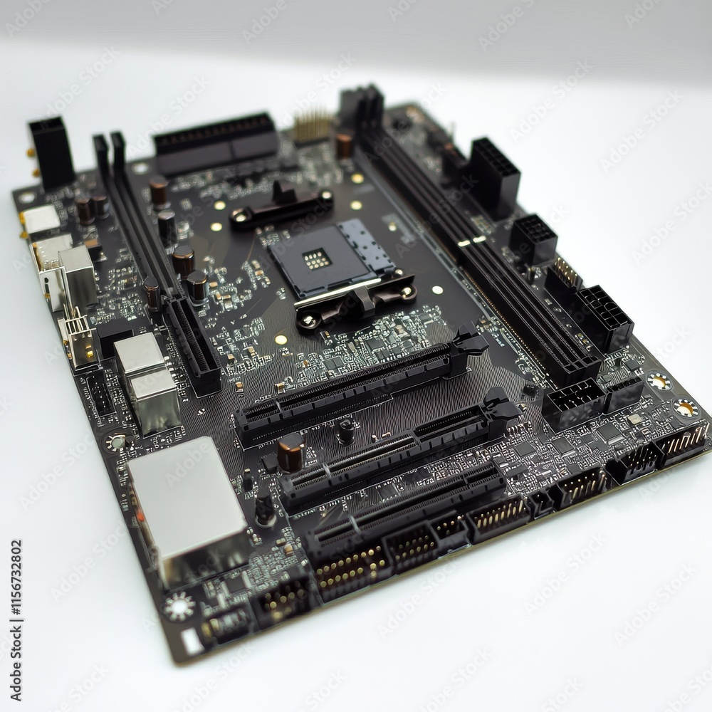 Close-up of a black motherboard showcasing intricate circuits and connectors. Close-up of a black motherboard showcasing intricate circuits and connectors.