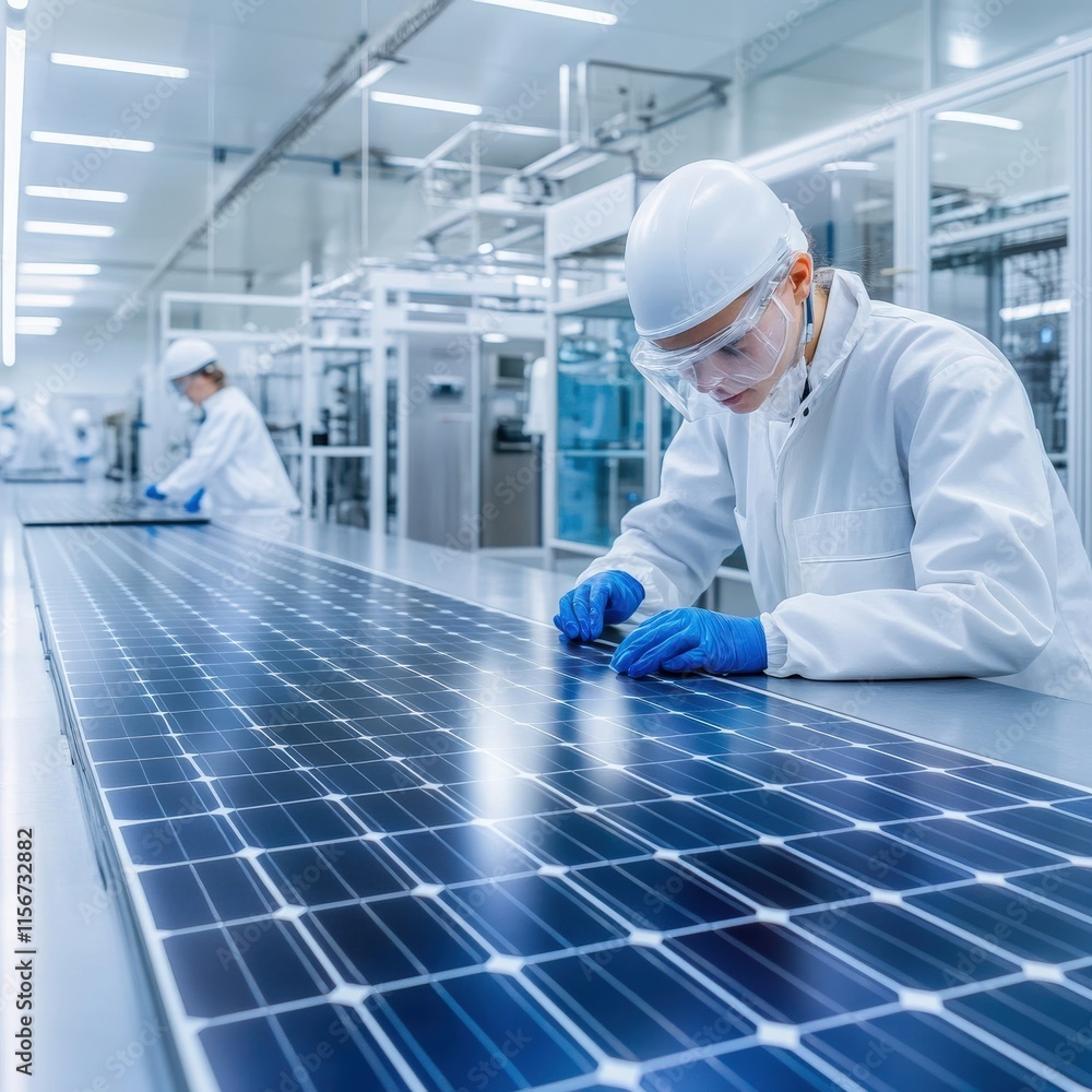 Clean Energy Production: Technician in Laboratory Setting Working on Photovoltaic Solar Panels with High-Tech Equipment and Safety Gear