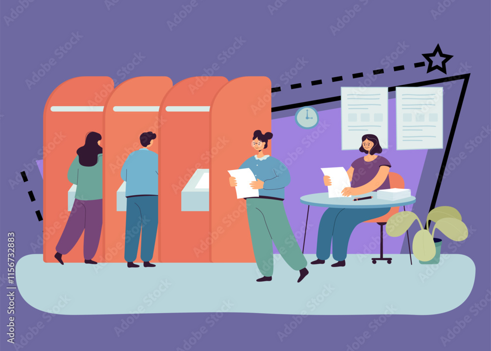 People voting in modern automated booth with machine. Polling station with government representative, male and female voters flat vector illustration. Political election campaign, vote concept People voting in modern automated booth with machine. Polling station with government representative, male and female voters flat vector illustration. Political election campaign, vote concept