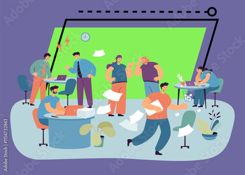 Organization problems of business people at office workplace. Unorganized male and female employees running in panic, conflict between boss and worker flat vector illustration. Deadline, chaos concept