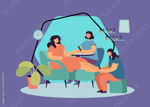Manicure and pedicure for female client in spa salon. Nail technician making hygiene procedures for lady sitting at table of parlor interior flat vector illustration. Beauty treatment service concept