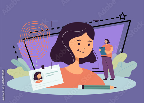 Personality biometric recognition for female employee. Tiny person using office ID card badge, unique fingerprint and facial authorization flat vector illustration. Safety, personality concept