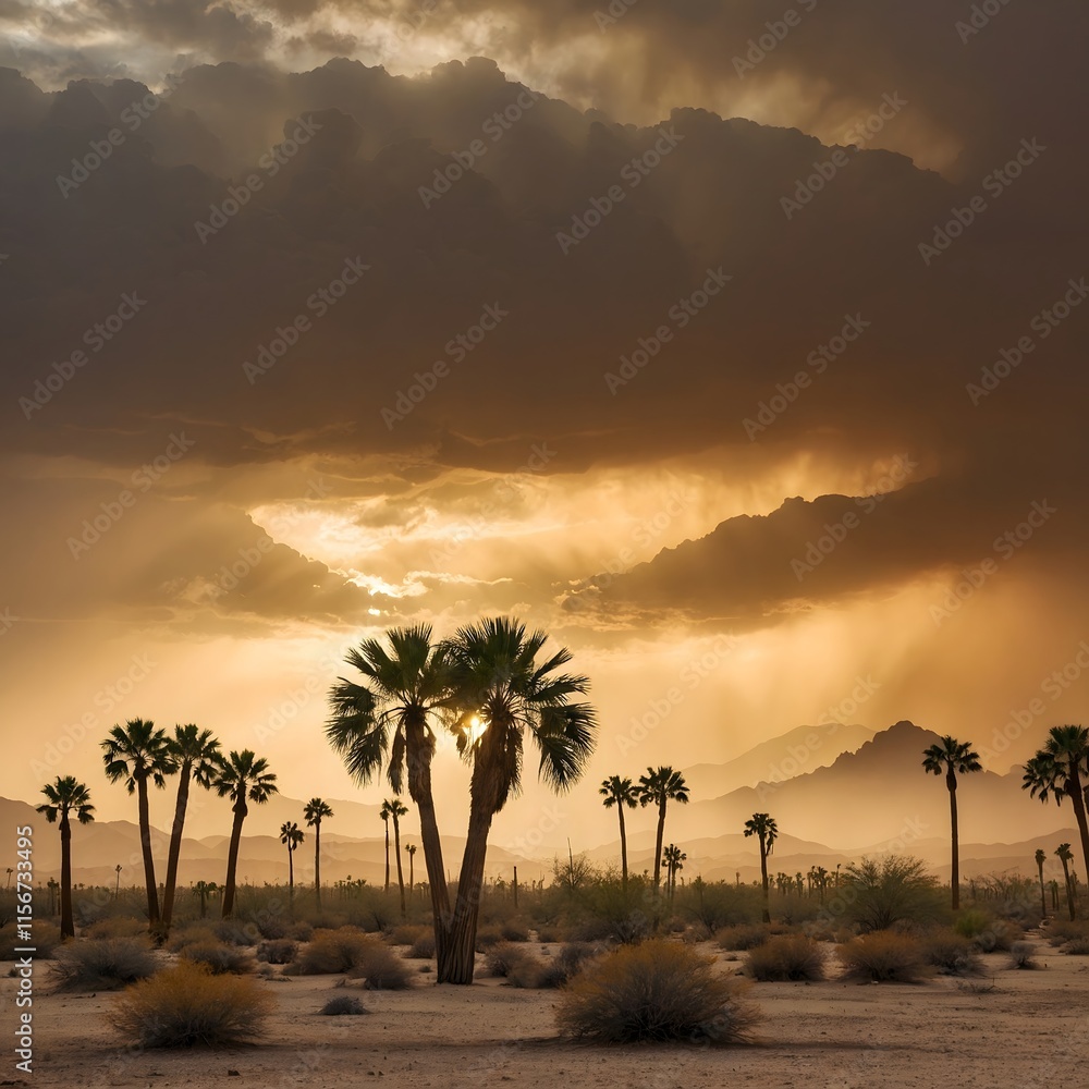 Obraz premium Desert Storm: Mexican Fan Palms Framed by a Golden Dust Horizon