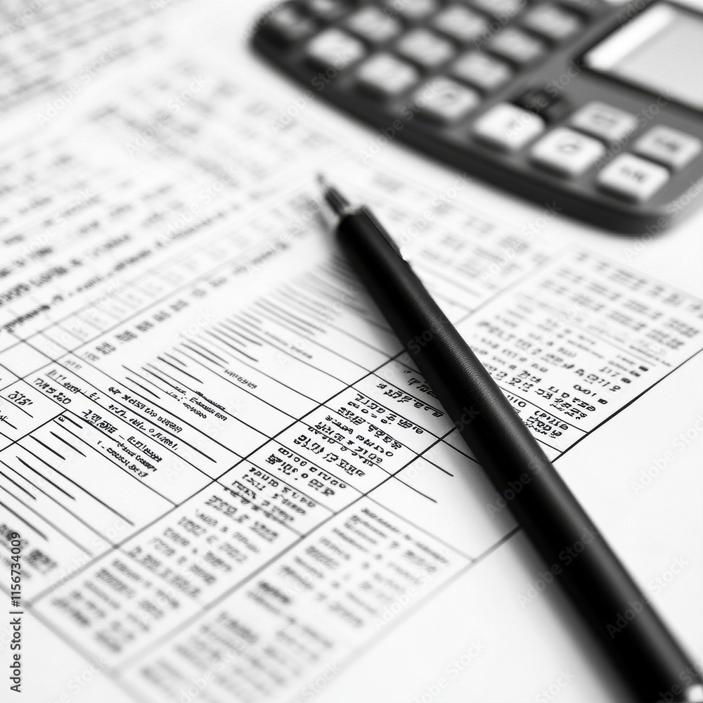 A close-up view of financial documents with a calculator and pen, illustrating the concept of accounting and budgeting. A close-up view of financial documents with a calculator and pen, illustrating the concept of accounting and budgeting.
