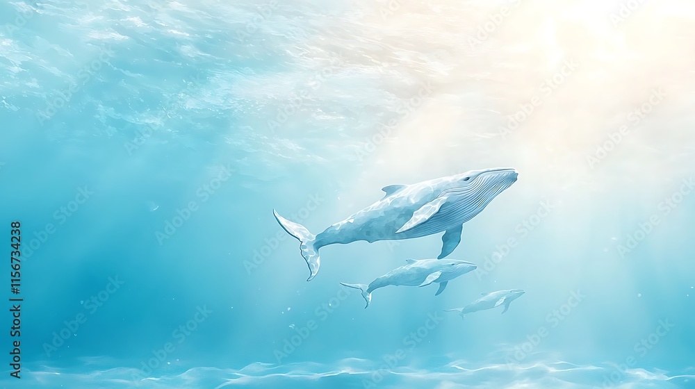 Naklejka premium Majestic whales swimming in watercolor animal style underwater scene tranquil ocean environment