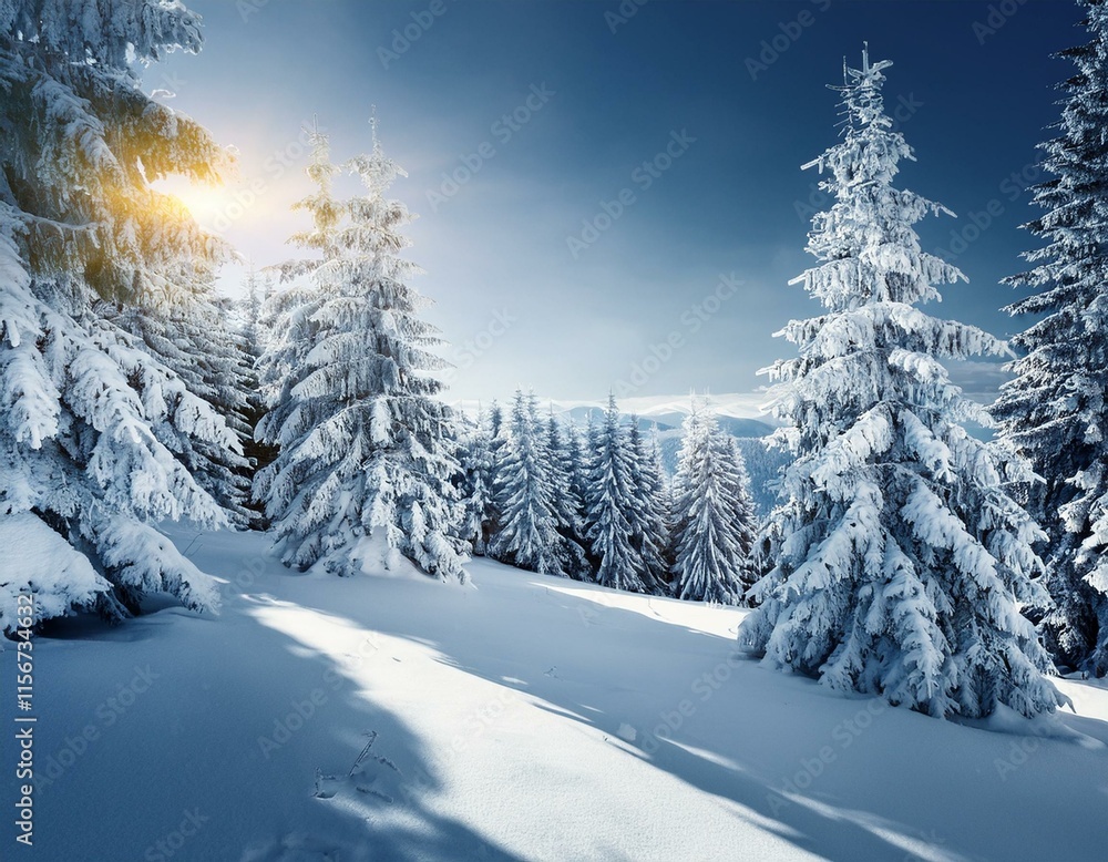 Fototapeta premium Majestic white spruces glowing by sunlight. Picturesque and gorgeous wintry scene. Location place Carpathian national park, Ukraine, Europe. Alps ski resort. Blue toning. Happy New Year! Beauty world.