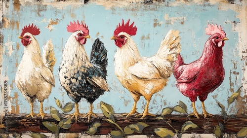 Vibrant Rooster and Hen Painting: A Rustic Farmhouse Scene photo