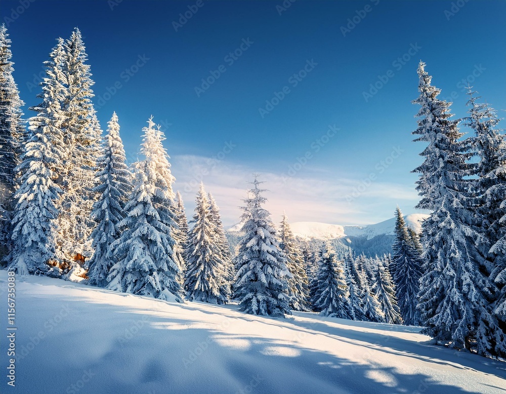 Obraz premium Majestic white spruces glowing by sunlight. Picturesque and gorgeous wintry scene. Location place Carpathian national park, Ukraine, Europe. Alps ski resort. Blue toning. Happy New Year! Beauty world.