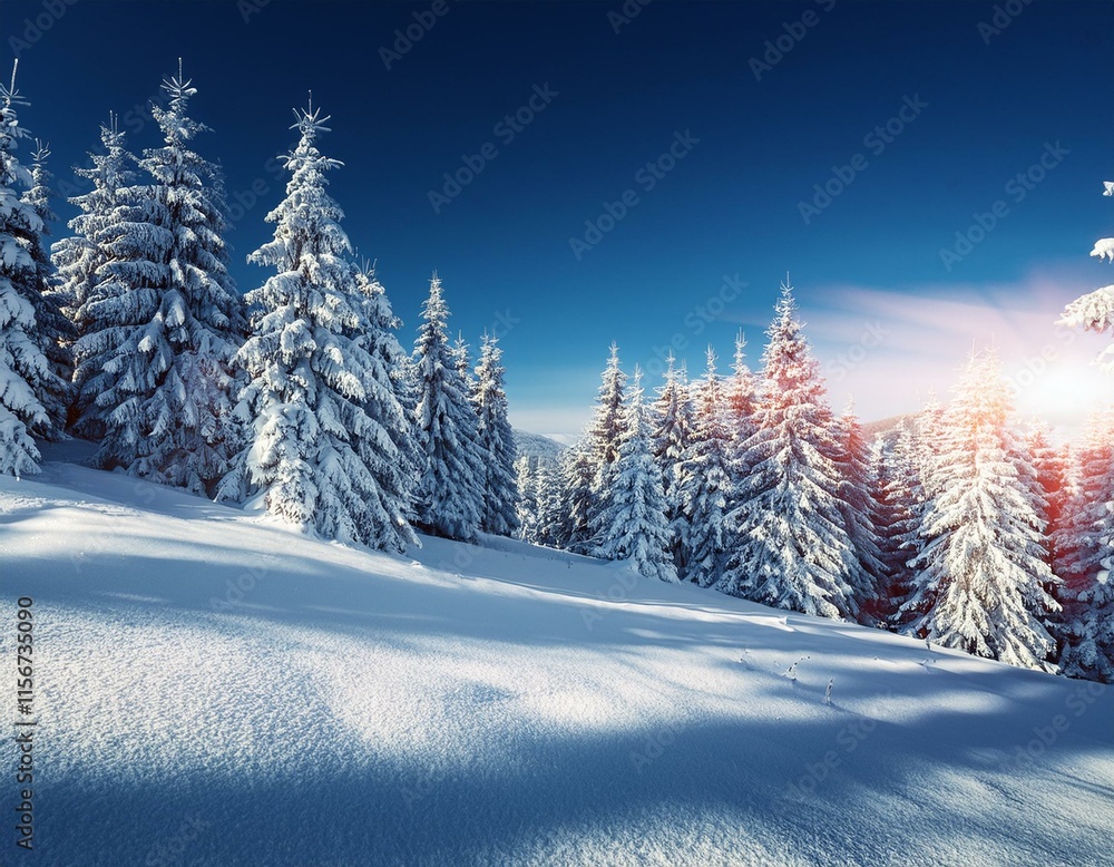Fototapeta premium Majestic white spruces glowing by sunlight. Picturesque and gorgeous wintry scene. Location place Carpathian national park, Ukraine, Europe. Alps ski resort. Blue toning. Happy New Year! Beauty world.
