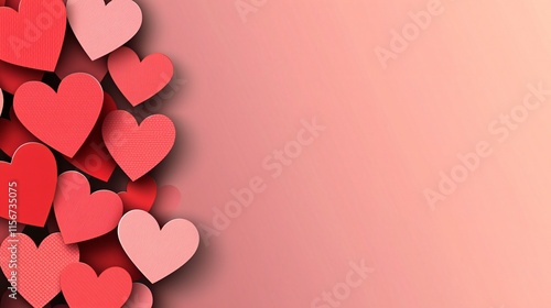 A vector-style paper art design with layered hearts in red and pink tones, leaving ample copy space on a gradient background.  photo