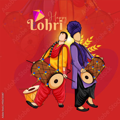 Happy Lohri punjabi indian festival celebration background with people playing lohri dance. Vector illustration.