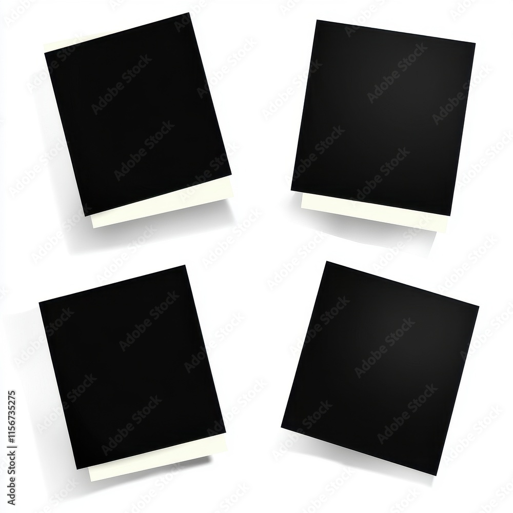 Four blank black photo frames with white edges arranged creatively. Four blank black photo frames with white edges arranged creatively.