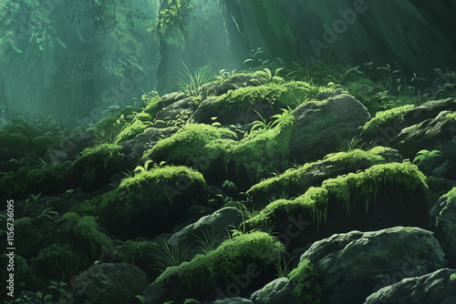 Lush green moss covering a rocky surface photo