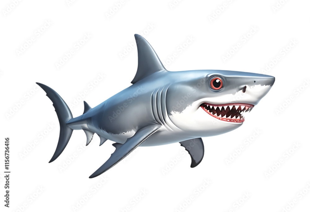Obraz premium Cartoon Great White Shark Against transparent Background. A vibrant cartoon-style great white shark is featured against a pure transparent background