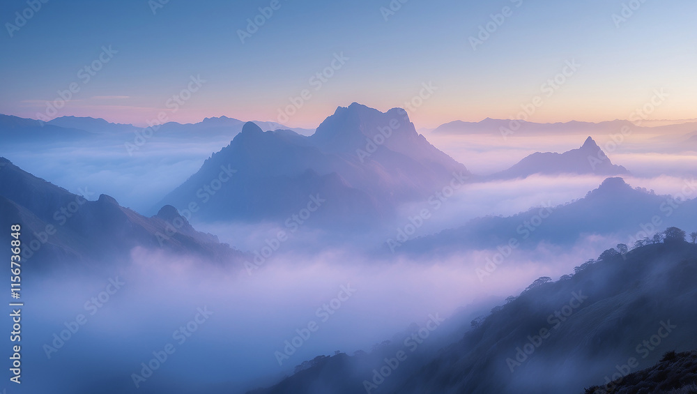 Background Misty Mountain Peaks at Sunrise