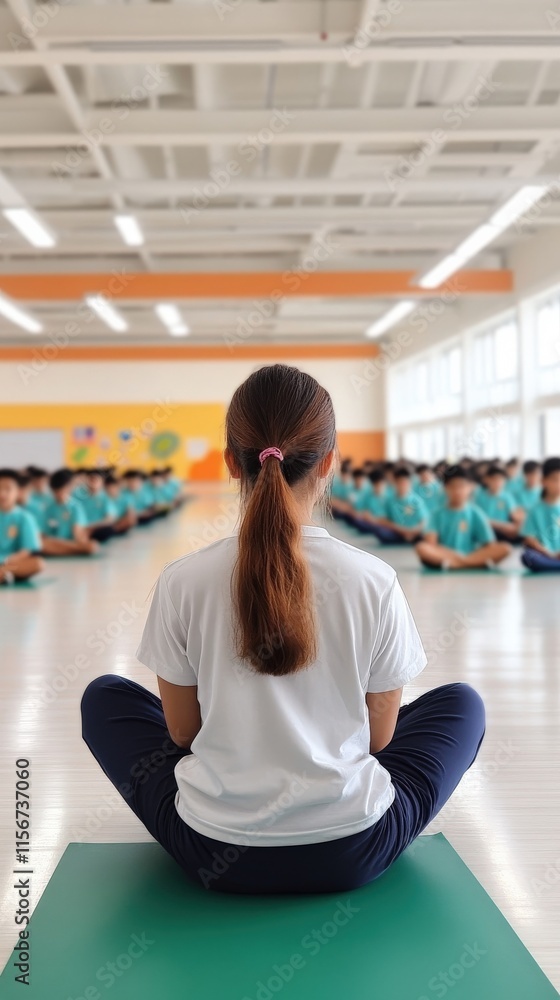 Focused Meditation Session in a Bright Classroom with Participants Practicing Mindfulness and Relaxation Techniques in a Group Setting Focused Meditation Session in a Bright Classroom with Participants Practicing Mindfulness and Relaxation Techniques in a Group Setting