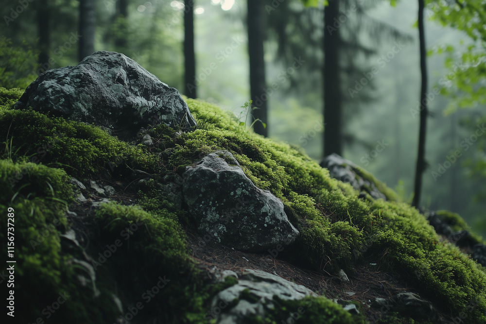 Lush green moss covering a rocky surface Lush green moss covering a rocky surface