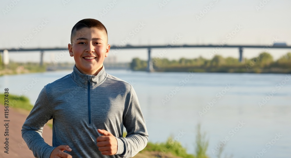 Young asian teen boy jogging by riverside bridge for outdoor fitness Young asian teen boy jogging by riverside bridge for outdoor fitness