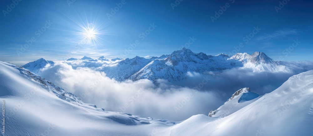 Breathtaking Panoramic View of Snow-Capped Mountains Under a Clear Blue Sky with Glorious Sunlight and Soft White Clouds in a Majestic Alpine Landscape Breathtaking Panoramic View of Snow-Capped Mountains Under a Clear Blue Sky with Glorious Sunlight and Soft White Clouds in a Majestic Alpine Landscape
