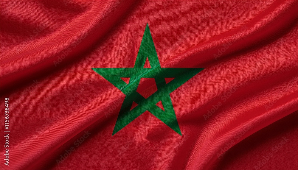 Morocco flag wavering in beautiful clouds with building skyline. The flag with drone shot in beautiful sky. Morocco national flag for independence day.