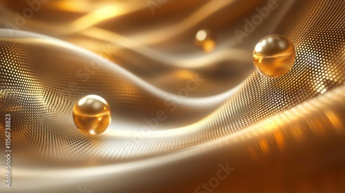 Abstract golden spheres rolling on a wavy, textured surface.