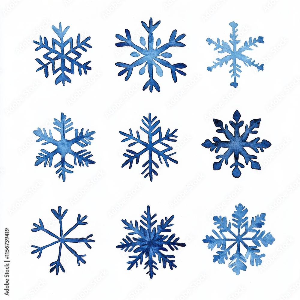 A beautiful arrangement of nine intricately designed snowflakes in shades of blue.