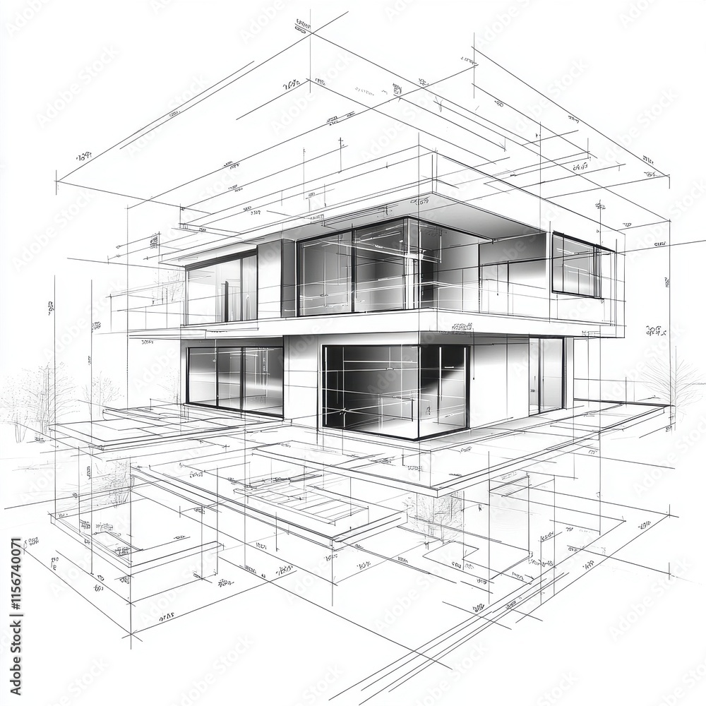 Architectural blueprint of a modern house showcasing clean lines and large glass windows. Architectural blueprint of a modern house showcasing clean lines and large glass windows.