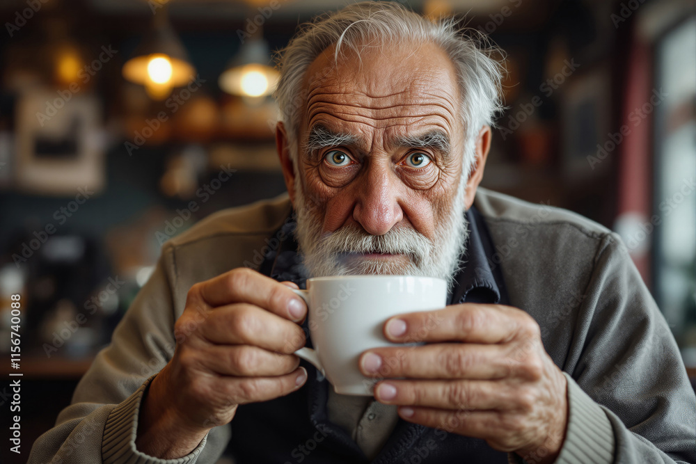 Elderly man enjoying a warm cup of coffee in a cozy cafe while looking thoughtfully at the camera. Generative AI Elderly man enjoying a warm cup of coffee in a cozy cafe while looking thoughtfully at the camera. Generative AI